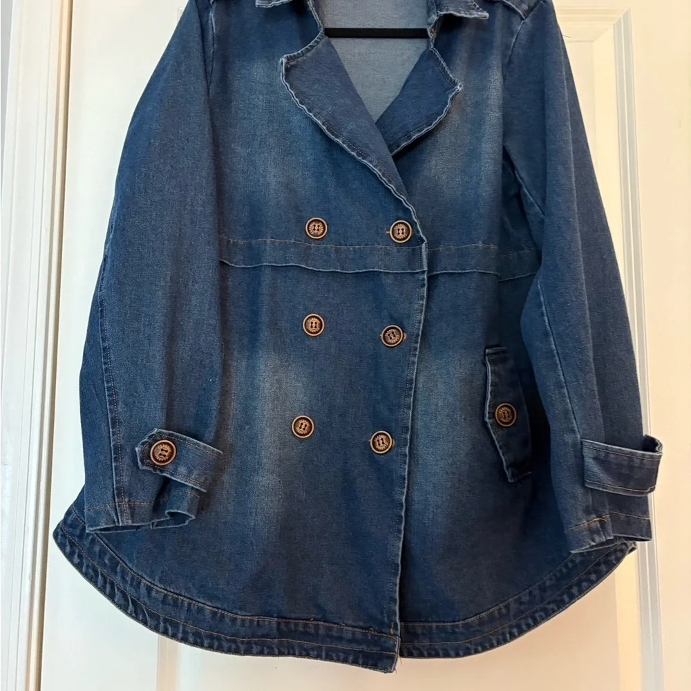Classic Nautical Preppy Medium Wash Denim Double Breasted Jean Trench Co…